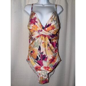 Calvin Klein 16 Floral One Piece Swimsuit Ruched V Neck Adjustable